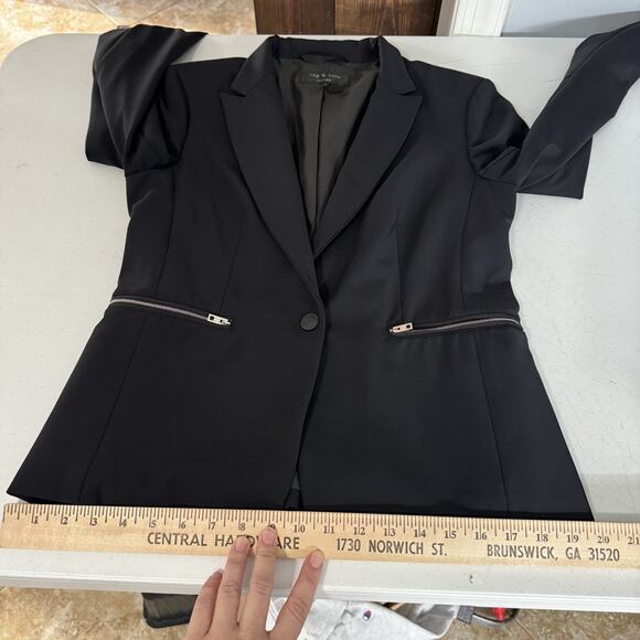 rag & bone Zipper Detail 1-Button Blazer Sz 6 Black Leather Detail Corporate - Picture 15 of 16